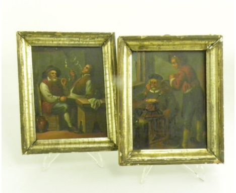 CONTINENTAL SCHOOL - HEATING THE BRAZIER; A QUIET PIPE, A PAIR, OIL ON ZINC PANELS