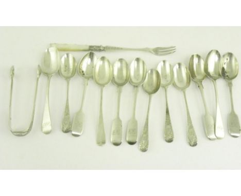 A SET OF FOUR VICTORIAN SILVER TEA SPOONS AND A PAIR OF SUGAR BOWS EN SUITE, ENGRAVED WITH FERNS, LONDON 1888, EIGHT OTHER SI