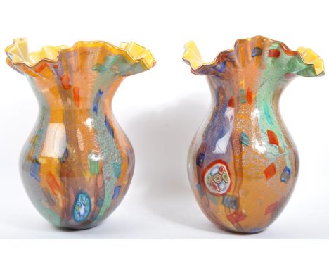 A pair of large vintage mid 20th century Italian Murano studio art glass vases. The vases having ruffle rims with layers of a