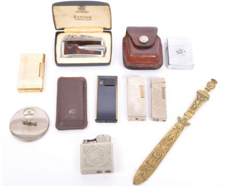 A collection of 19th century Victorian and later curios to include a cased Ronson Varaflame, a Hadson gilt metal cigarette li