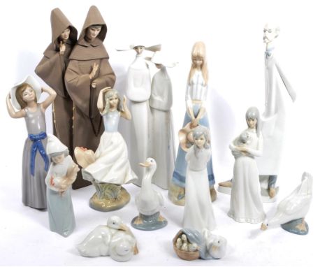 Lladro - Nao - A collection of hand made Spanish porcelain china tableware. To include, Monks at prayer (af), pair of Nuns, g