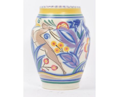 A 20th century Poole pottery vase model shape 439 with leaping antelope. Designed by Truda Carter and painted by Gwendoline S