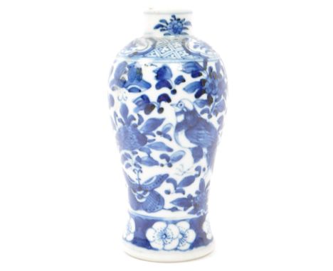 19th century Kangxi - Niazhi mark small baluster vase. Blue and white fauna, foliate and birds. Four character mark to base. 