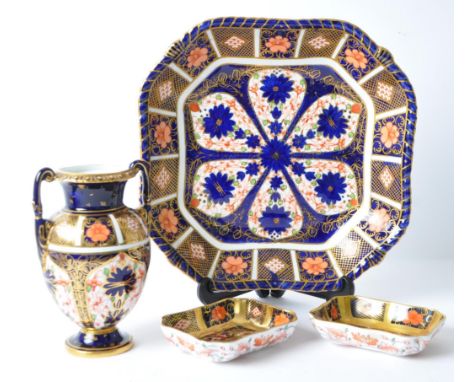 Royal Crown Derby - A small collection of 20th century old Imari pattern porcelain. Comprising of; twin handled vase, square 