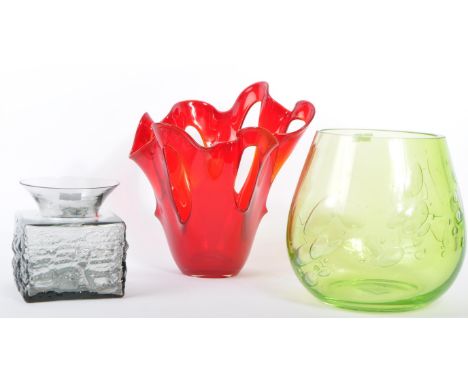 Three vintage / late 20th century hand blown studio art glass examples. Lot to include a bulbous bowl vase with controlled bu