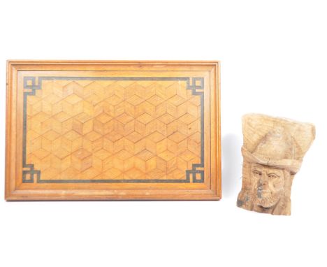 A 1930's / Edwardian decorative inlaid marquetry serving tray and carved oak head. Made from oak wood, the tray surface holds