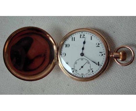 A 9ct gold cased Hunter pocket watch, keyless lever movement inscribed Rolex, white enamel dial with Arabic numerals, seconda