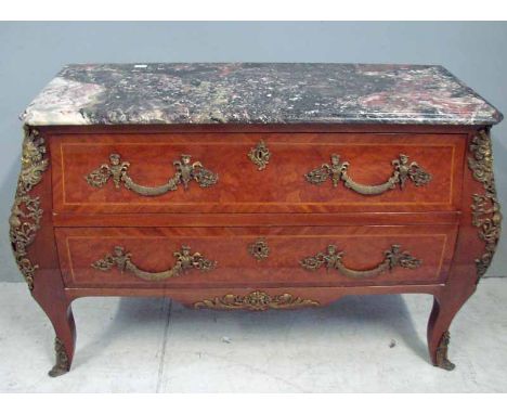A French style reproduction bombe commode, rectangular pink/grey/white marble top above a pair of drawers, ormolu and gilt me
