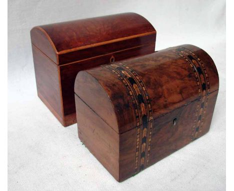 An early 19th century walnut and marquetry inlaid tea caddy of rectangular form, hinged dome cover enclosing twin lidded tea 