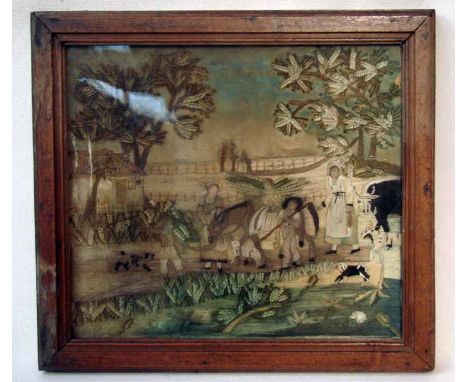 An 18th century silk and stump work tapestry rural landscape depicting figures and animals on a track, 26cm by 29cm 