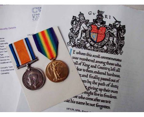 Military interest, a pair of Great War medals, 187139 SPR. F. Callaway. R.E. Sapper Frank Callaway 477th Field Company of the