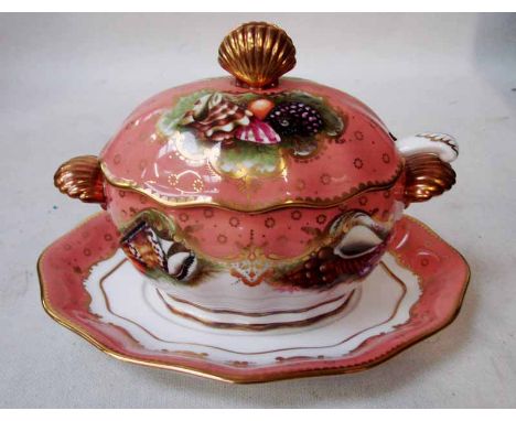 A Royal Worcester Heritage Collection sauce tureen with cover, ladle and stand, decorated with panels of shells on a gilt hig