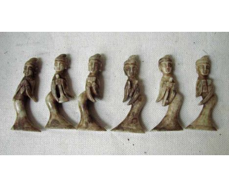 A collection of six carved Chinese jade/hardstone figures female musicians, each 9cm high 