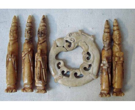 A Chinese carved jade/hardstone circular Bi, 10cm diameter and five figures as musicians, 13cm high (6) 