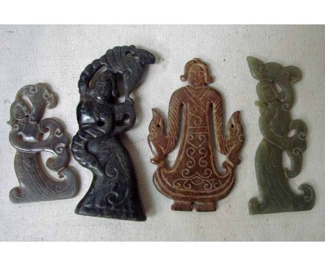 A collection of four carved Chinese jade/hardstone pendants as dancing figures, 10cm to 14cm high 