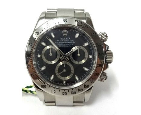 Rolex Cosmograph Daytona, a gents stainless steel chronograph wristwatch featuring a central chronometer seconds hand, minute