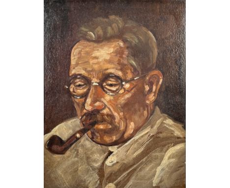 UNSIGNIERT (XX). Portrait eines Mannes mit Pfeife.Circa 38 cm x 28 cm. Circa 48 cm x 38 cm mit Rahmen. Öl auf Pressholzplatte