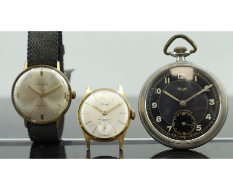 KIENZLE. Drei Uhren. Armbanduhr. Taschenuhr. Handaufzug. Deutschland.Armbanduhren bis circa 33 mm Gehäusedurchmesser ohne Kro