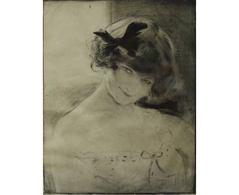Edgar CHAHINE (1874 - 1947). Portrait einer jungen Dame.Circa 35 cm x 27 cm. Circa 52,5 cm x 38,5 cm mit Rahmen. Lithographie