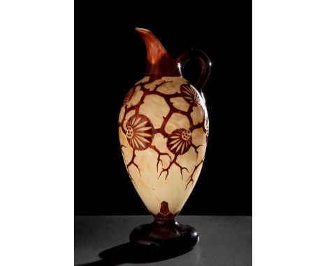 SCHNEIDER-LE VERRE FRANÇAIS. France, ca.1925.Spouting jug "Epinettes".Cameo blown glass with acid-etched decoration.Signed on