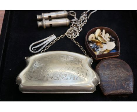 A.R.P whistle x2, silver plated clutch bags, button hook &amp; buttons