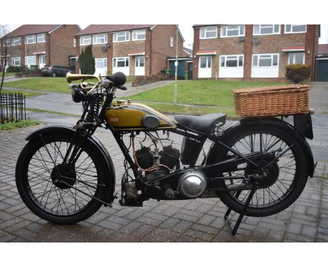 A 1928 James Model 12 500cc V-Twin, registration number PH 8832, frame number DP2099, engine number ST2307, mustard/black. Ja