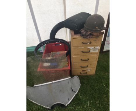 EXTRA LOT:  A pudding basin helmet, leather gauntlets, a fairing, a wheel rim and other spares (qty) All lots in this sale ar