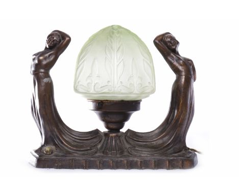 ART NOUVEAU STYLE FIGURAL LAMP
of bronzed spelter, modelled as a pair of ladies emerging from the base, running parallel to a