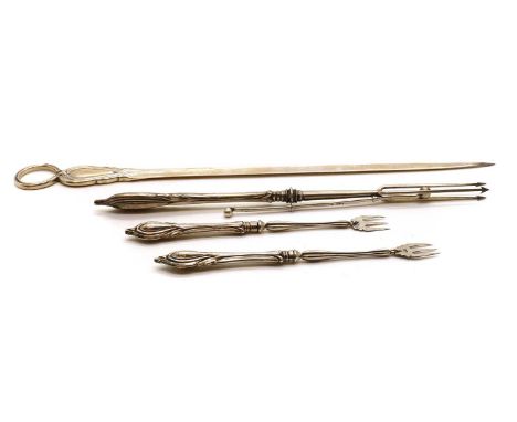 A Victorian silver meat skewer,By George Adams, London 1863, Lily pattern, 30.5cm longtogether with a Victorian silver pickle