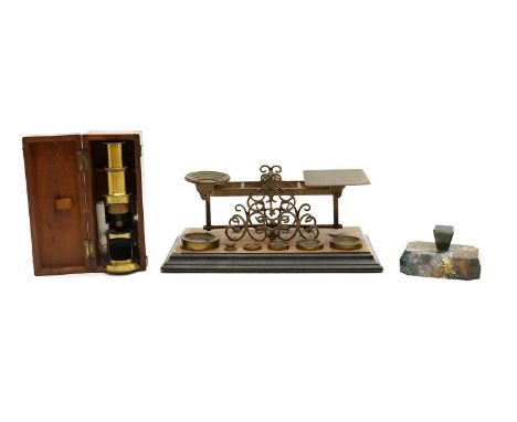 A set of Edwardian postal scales,the letter plates impressed with rates to Inland, India &amp; Colonies, and Postal Union, co