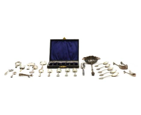 A collection of silver flatware,to include a George III toddy ladle, London 1820, a George II shell bowl spoon, 1799, a Georg