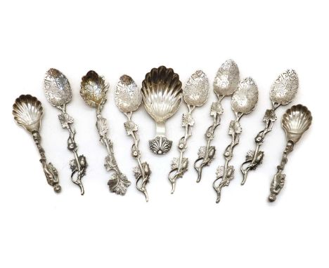 A set of seven Victorian vine and tendril teaspoons,by B.H Joseph &amp; Co, London 1870 and 1888,together with a silver caddy