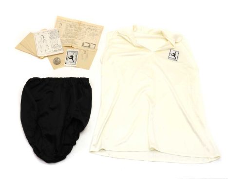 A Women's League Health &amp; Beauty uniform,c. 1930s, the top with gusset and appliqued embroidered badge bearing dancing fe