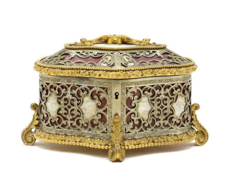 A faux tortoiseshell and gilt metal mounted casket,by Tahan, Paris, 19th century, of shaped oval form, with all-over scrolled