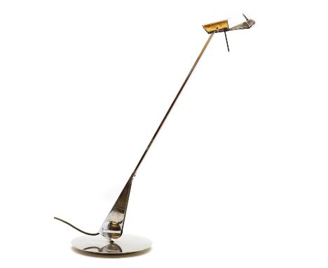 A Spanish chromed table lamp,1990s, by Carpyen, with and articulating arm and shade, raised on a circular base, to the undern