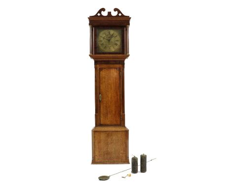 A George III oak cased eight day longcase clock,signed Watkin Owen, Llanrwst, the brass dial with date aperture and bell stri