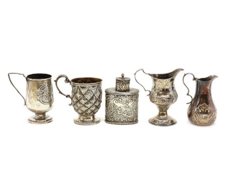 A Hanau silver tea caddy,import marks for London 1891, with repousse decoration,10cm high,together with two silver cups,the f