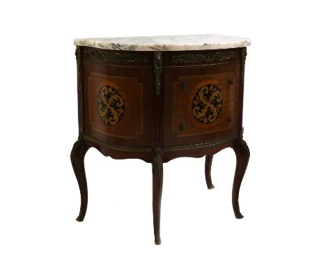 A Louis XV-style marquetry demi lune commode,20th century, with a marble top70cm wide42cm deep74cm highCondition ReportMinor 