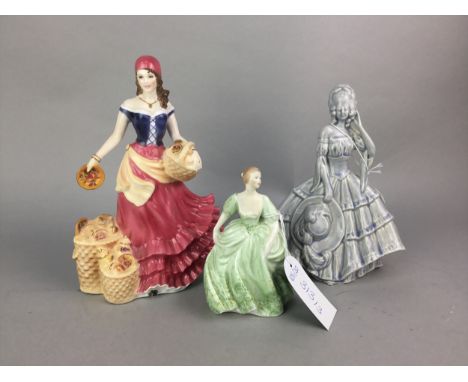 ROYAL WORCESTER FIGURE OF 'FRIUT SELLER AT APPLEBY FAIR', 21cm high, along with a Coalport figure of 'Jennifer' and another f