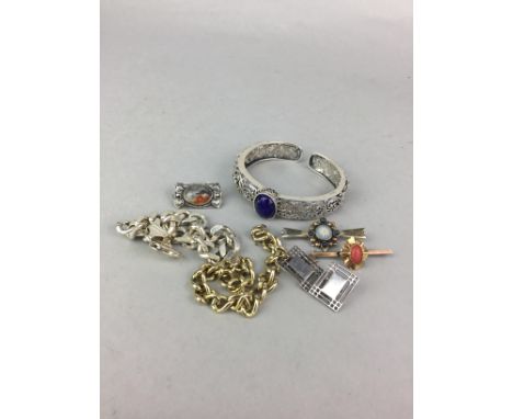 LOT OF SILVER JEWELLERY, including a bangle set with lapis lazuli and a moss agate set brooch