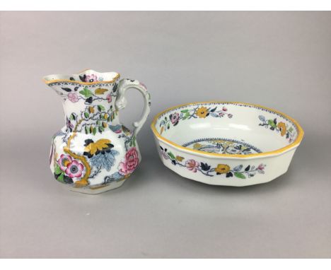 VICTORIAN MASONS IRONSTONE EWER AND BASIN, each transfer printed with floral pattern, the basin 27cm diameter