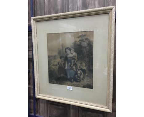 LITHOGRAPH, 'LE PETITE BLESSE' 37cm x 34cm mounted framed and under glass, along with an early 19th century rosewood pole scr