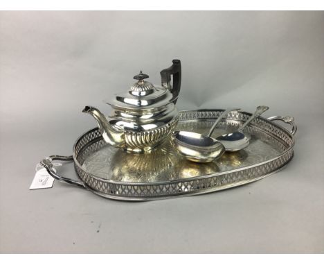 SILVER PLATED TEA TRAY, along with a silver plated teapot, a ladle, and other plated items