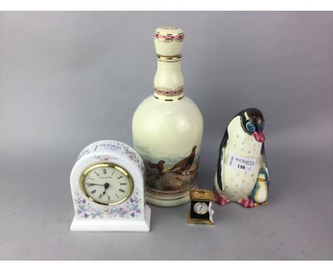 RUSSIAN CERAMIC PENGUIN FIGURE, along with two small clocks and a Grouse decanter