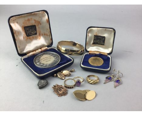 NINE CARAT GOLD GEM SET RING, along with two pairs of gold cuff links, gold gem set ring, gold plated bangle, medal in case a