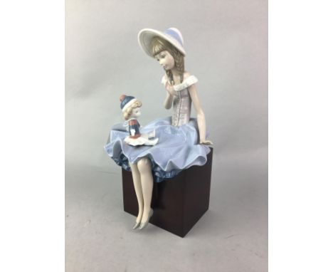 LLADRO FIGURE OF A SEATED GIRL, 28cm high, along with a Lladro figure of a girl in a rocking chair and a Lladro figure of a b