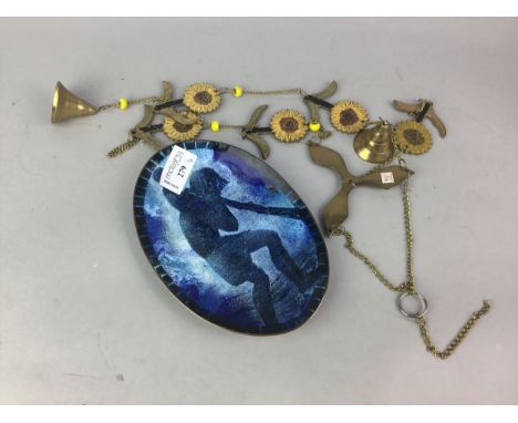 VINTAGE CLUTCH BAG, along with a brass plaque and a brass wind chime