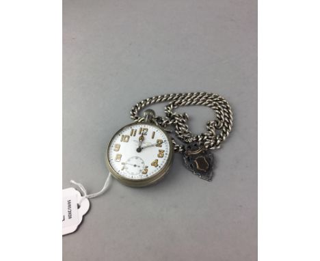 SILVER ALBERT CHAIN, marked inside clasps and end clasps, along with a Alexander Coventry pocket watch, with military broad a