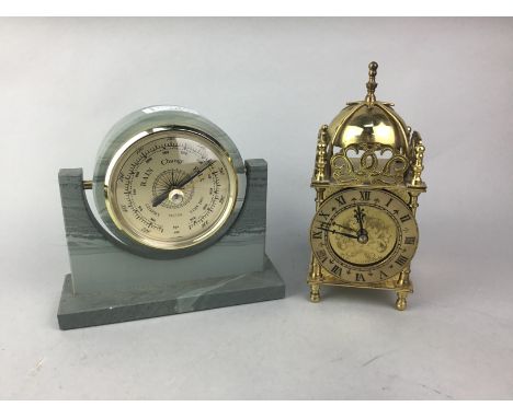 SLATE TABLE TOP BAROMETER, along with a carriage clock, two white metal pin dishes and a picture frame (5)