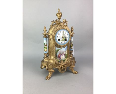 VICTORIAN GILT METAL MANTEL CLOCK, 36cm high
